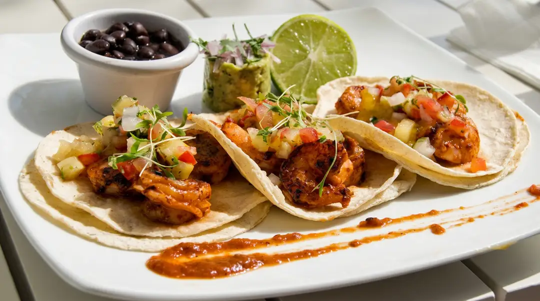 Where to eat in Tulum, according to the chef at Motmot Three soft tacos filled with seasoned meat and topped with pico de gallo and microgreens, served with black beans, lime, and sauce on a white plate
