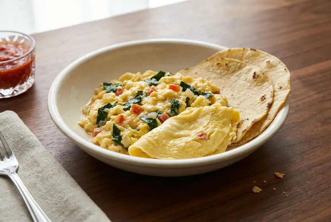 Chaya con Huevo: Yucatecan Tree Spinach Scrambled with Eggs Chaya con Huevo: Yucatecan Tree Spinach Scrambled with Eggs, served and ready to eat