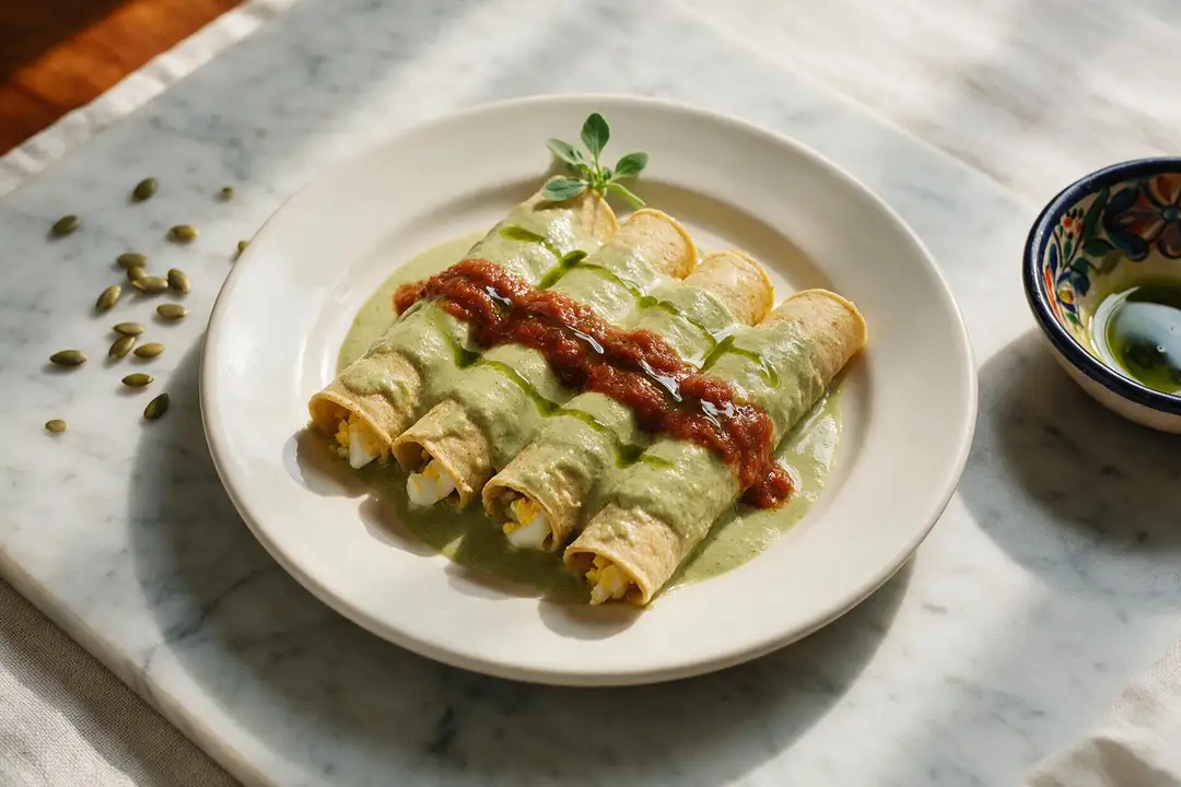 Papadzules: tortillas in pumpkin seed sauce with egg Rolled tortillas under a pale green pumpkin seed sauce with a band of red tomato sauce across the middle, on a porcelain plate on marble