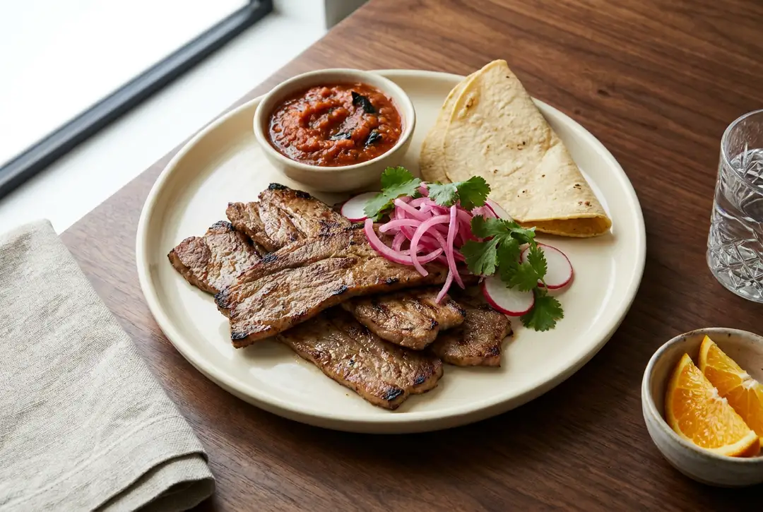 Poc Chuc: pork grilled over charcoal after a sour orange soak Poc Chuc: pork grilled over charcoal after a sour orange soak, served and ready to eat