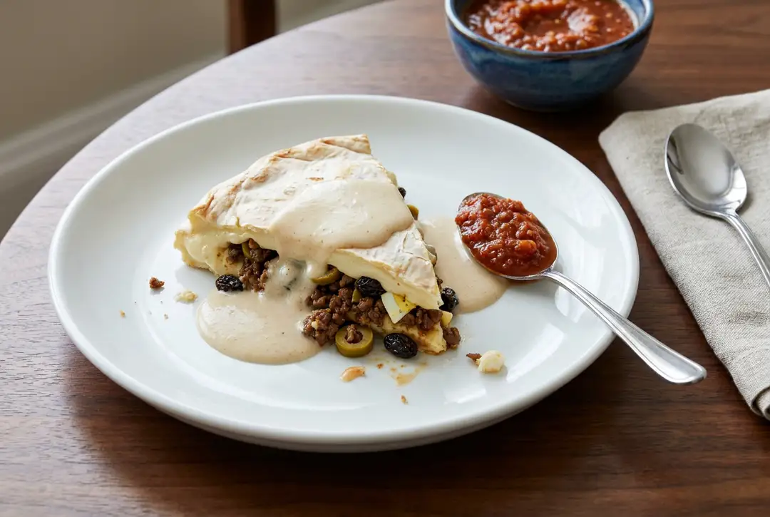 Queso Relleno: Edam Hollowed and Stuffed with Pork Picadillo Queso Relleno: Edam Hollowed and Stuffed with Pork Picadillo, served and ready to eat