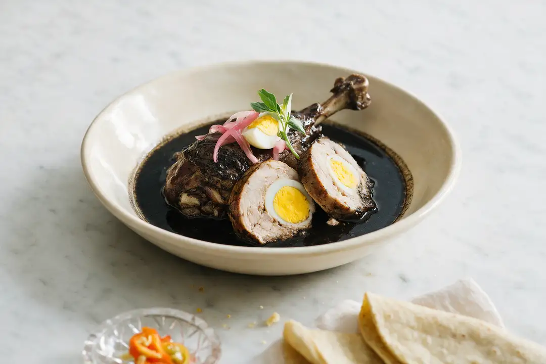 Relleno Negro: Yucatecan Turkey in Burnt Chilli Broth Relleno negro: a turkey leg and two slices of egg-stuffed pork in glossy black recado broth, with pickled red onion and epazote, in a cream ceramic bowl