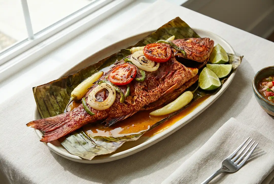 Tikin Xic, Whole Fish Grilled in Banana Leaf with Achiote Tikin Xic, Whole Fish Grilled in Banana Leaf with Achiote, served and ready to eat